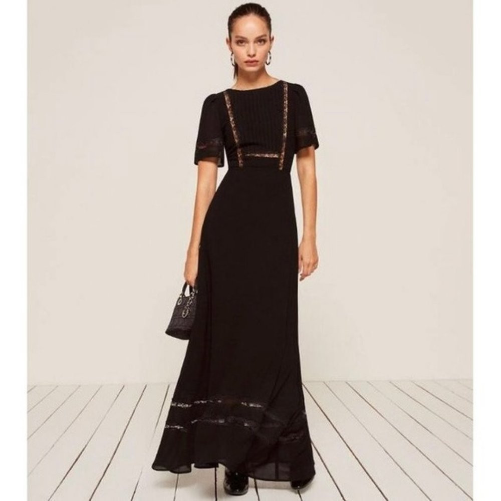Reformation Patchouli Black Maxi Dress w/ Lace Panels (Size 10)